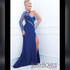 Tony Bowls Royal Blue One Sleeve Beaded Elegant Prom Dress